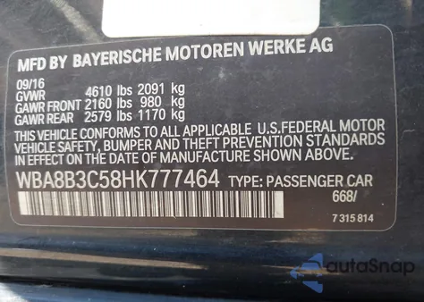 2017 BMW 340 из США, поврежденный, VIN WBA8B3C58HK777464